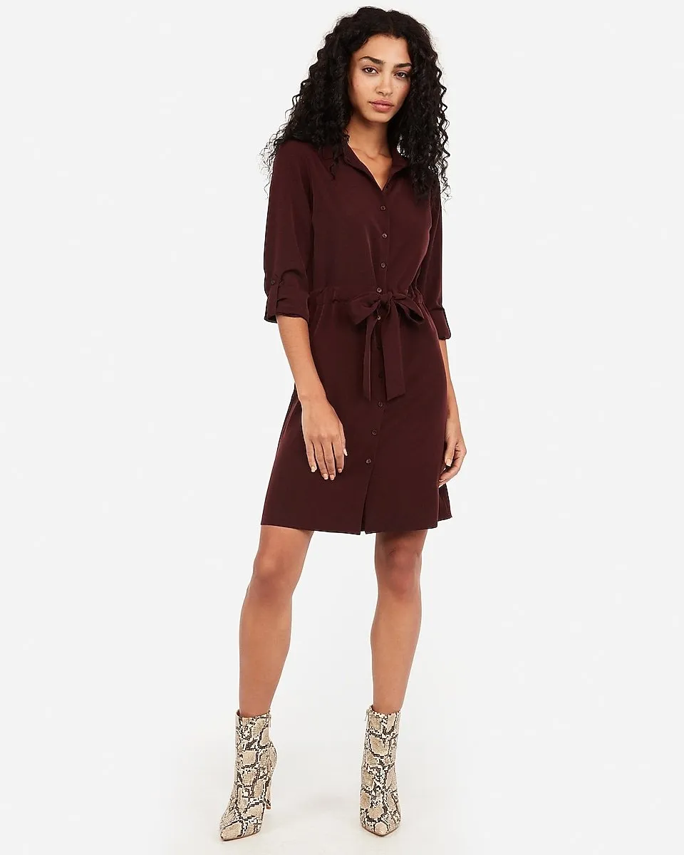 Tie Waist Shirt Dress in Cabernet