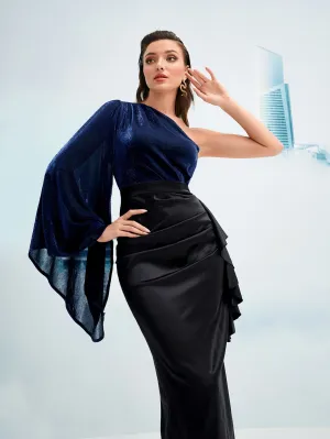 Two Tone Ruffle Ruched One Shoulder Dress