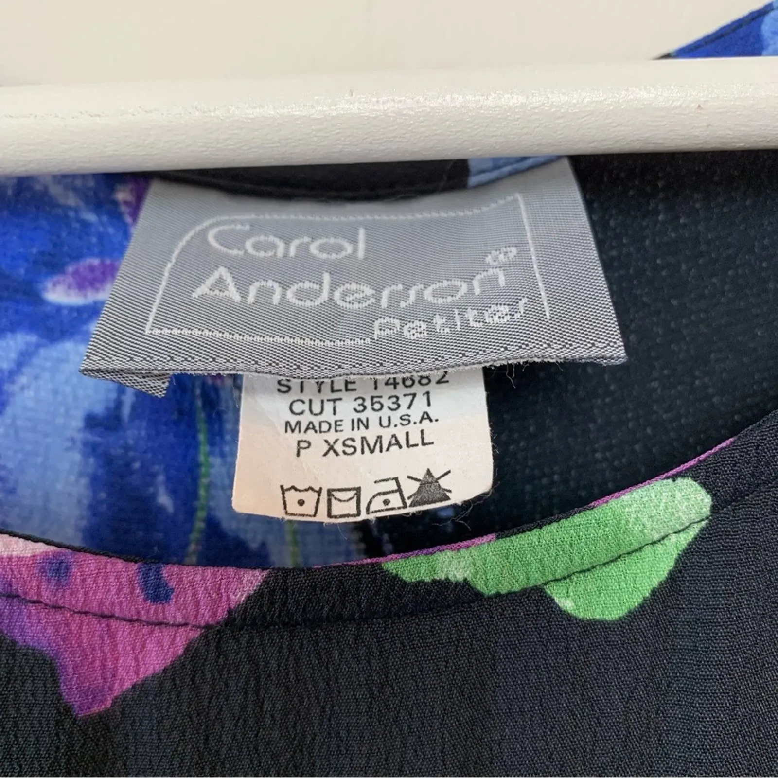 Vintage 90s Carol Anderson Black Floral Maxi Midi Dress XS Petite Blue Purple