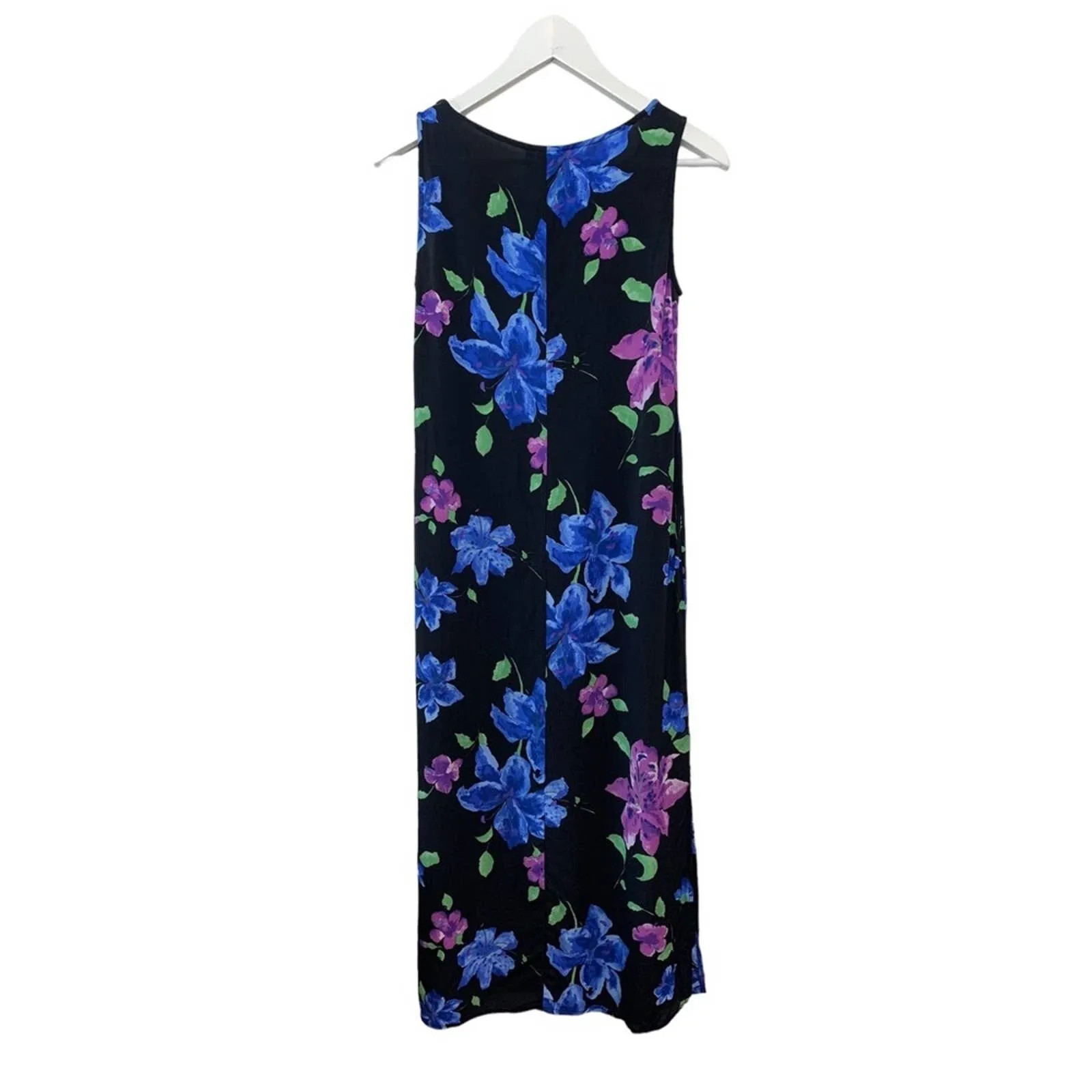 Vintage 90s Carol Anderson Black Floral Maxi Midi Dress XS Petite Blue Purple