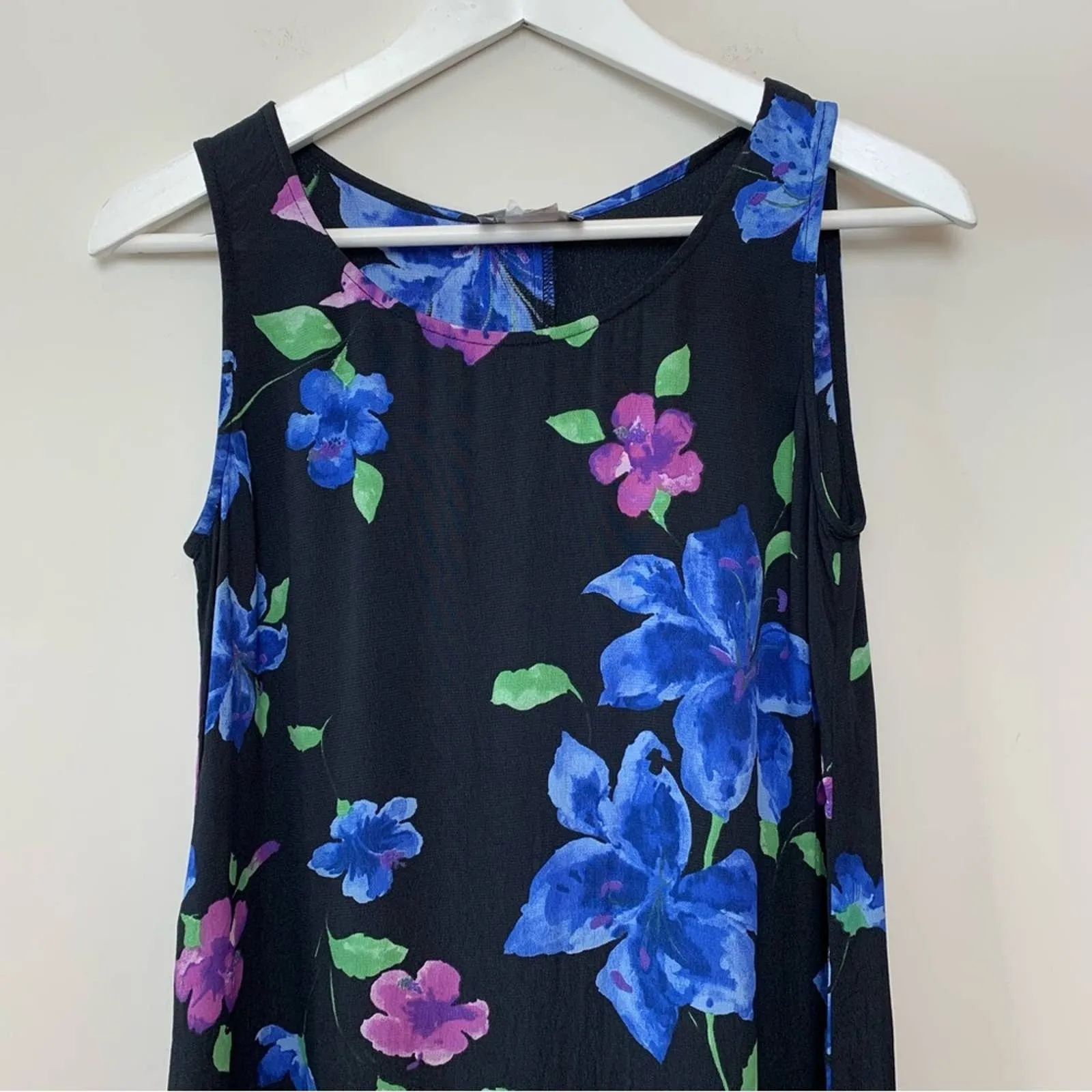Vintage 90s Carol Anderson Black Floral Maxi Midi Dress XS Petite Blue Purple