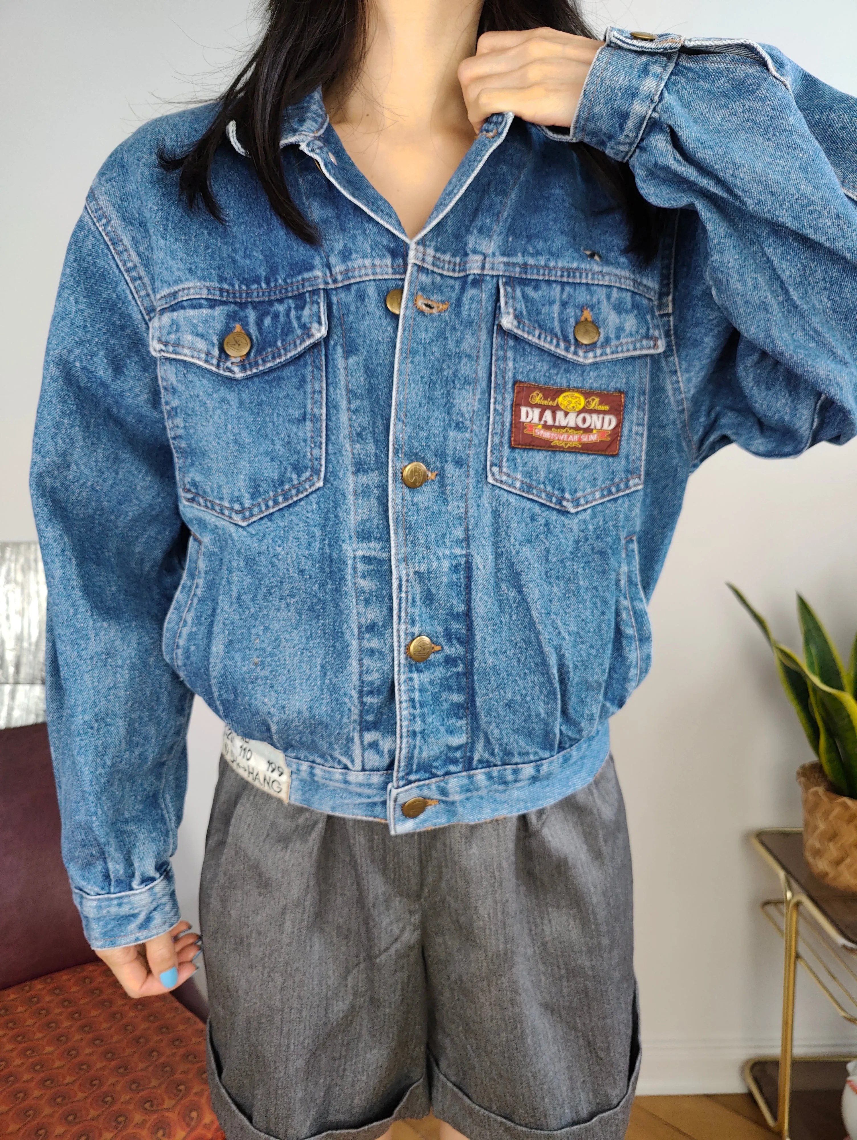 Vintage denim jacket jeans blue short crop Diamond women XS-S