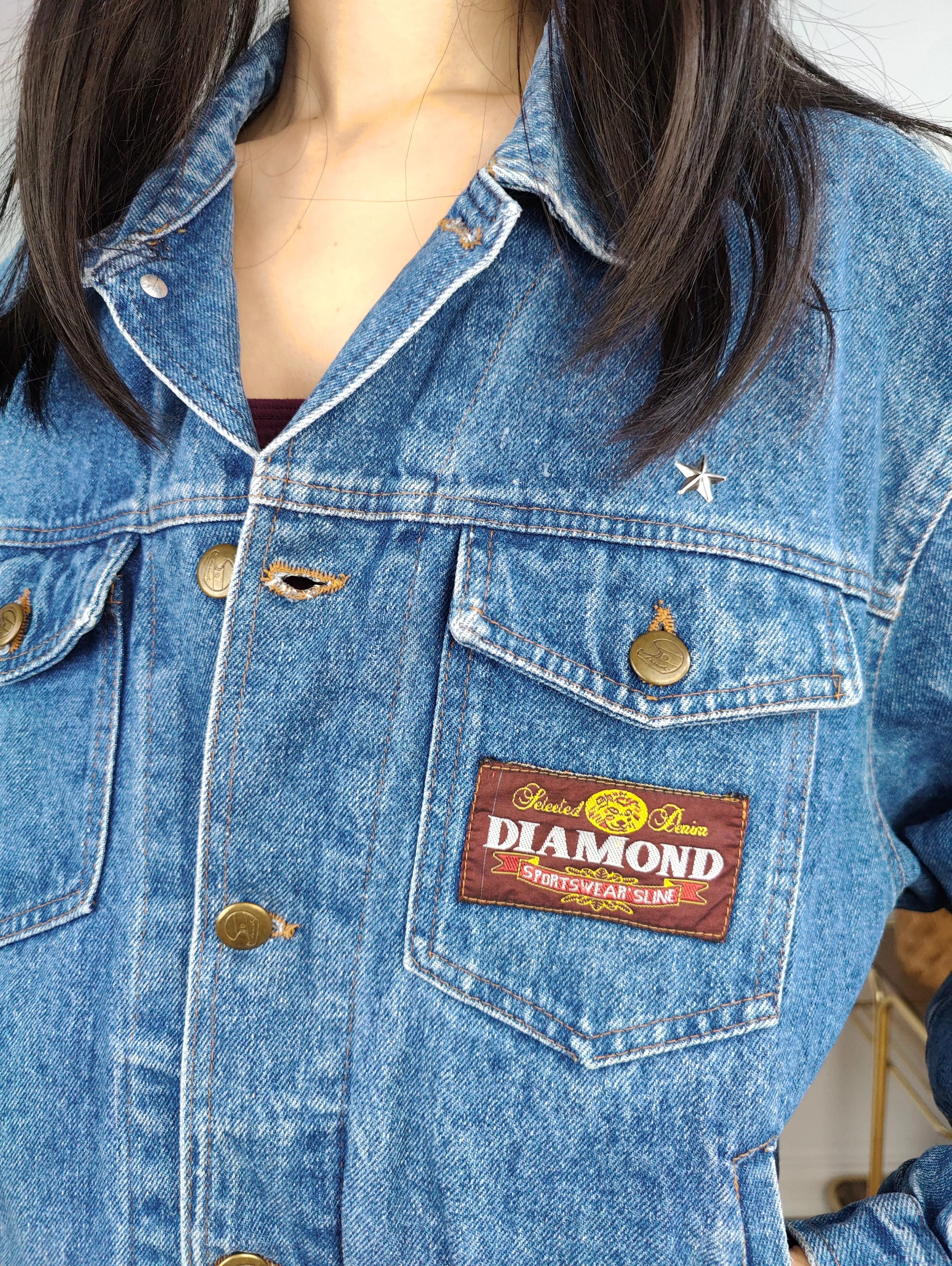 Vintage denim jacket jeans blue short crop Diamond women XS-S