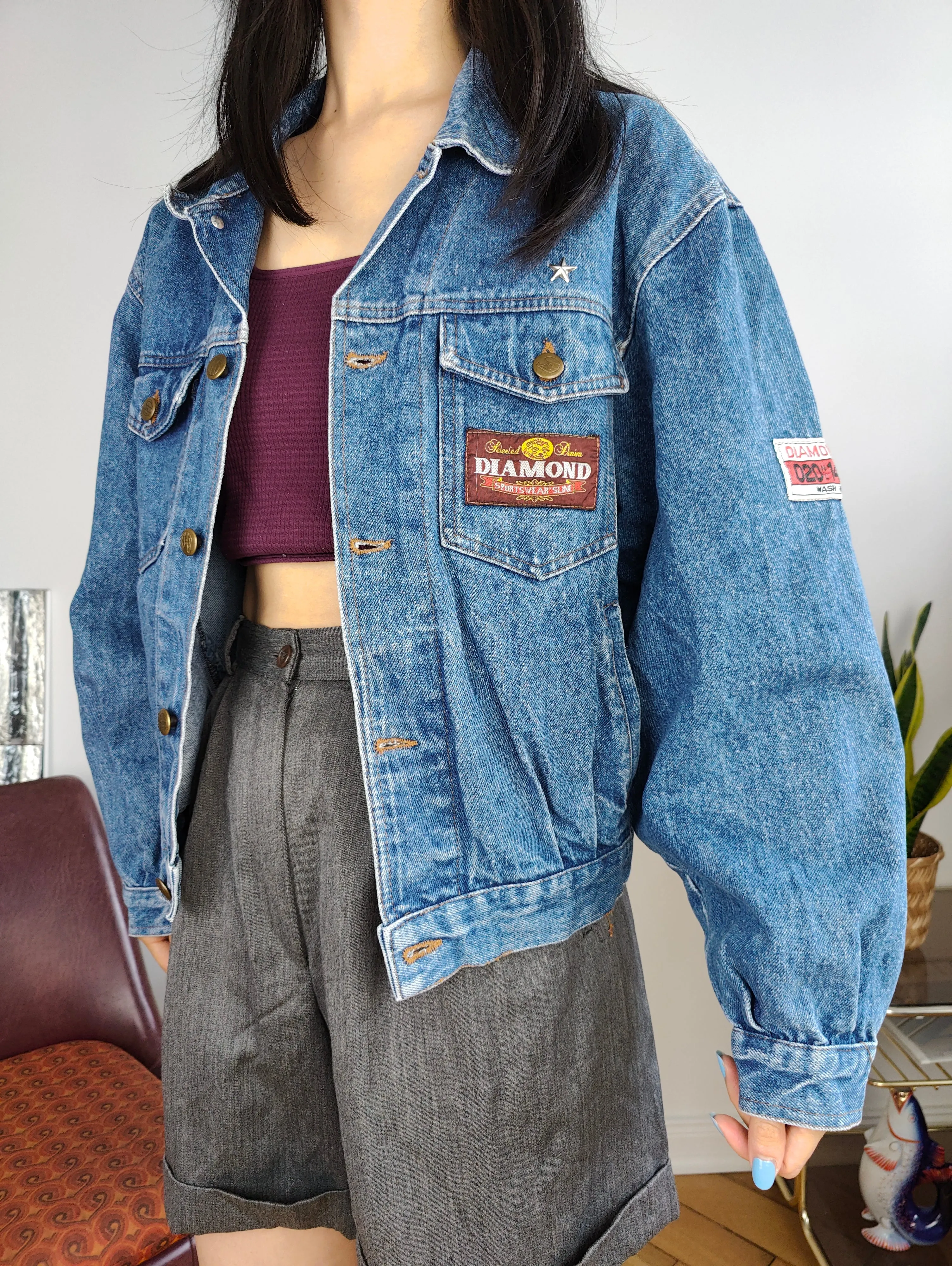 Vintage denim jacket jeans blue short crop Diamond women XS-S