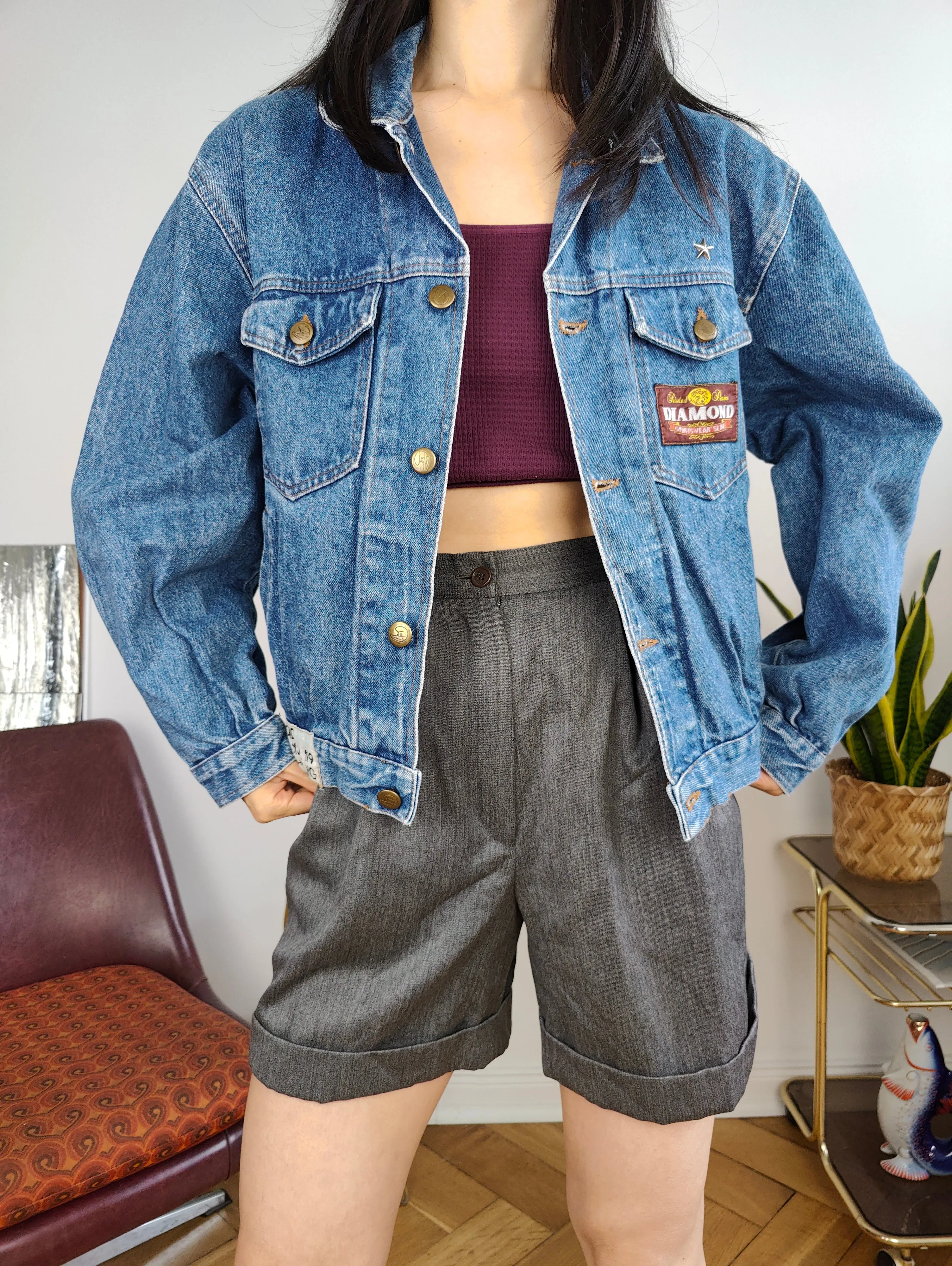 Vintage denim jacket jeans blue short crop Diamond women XS-S