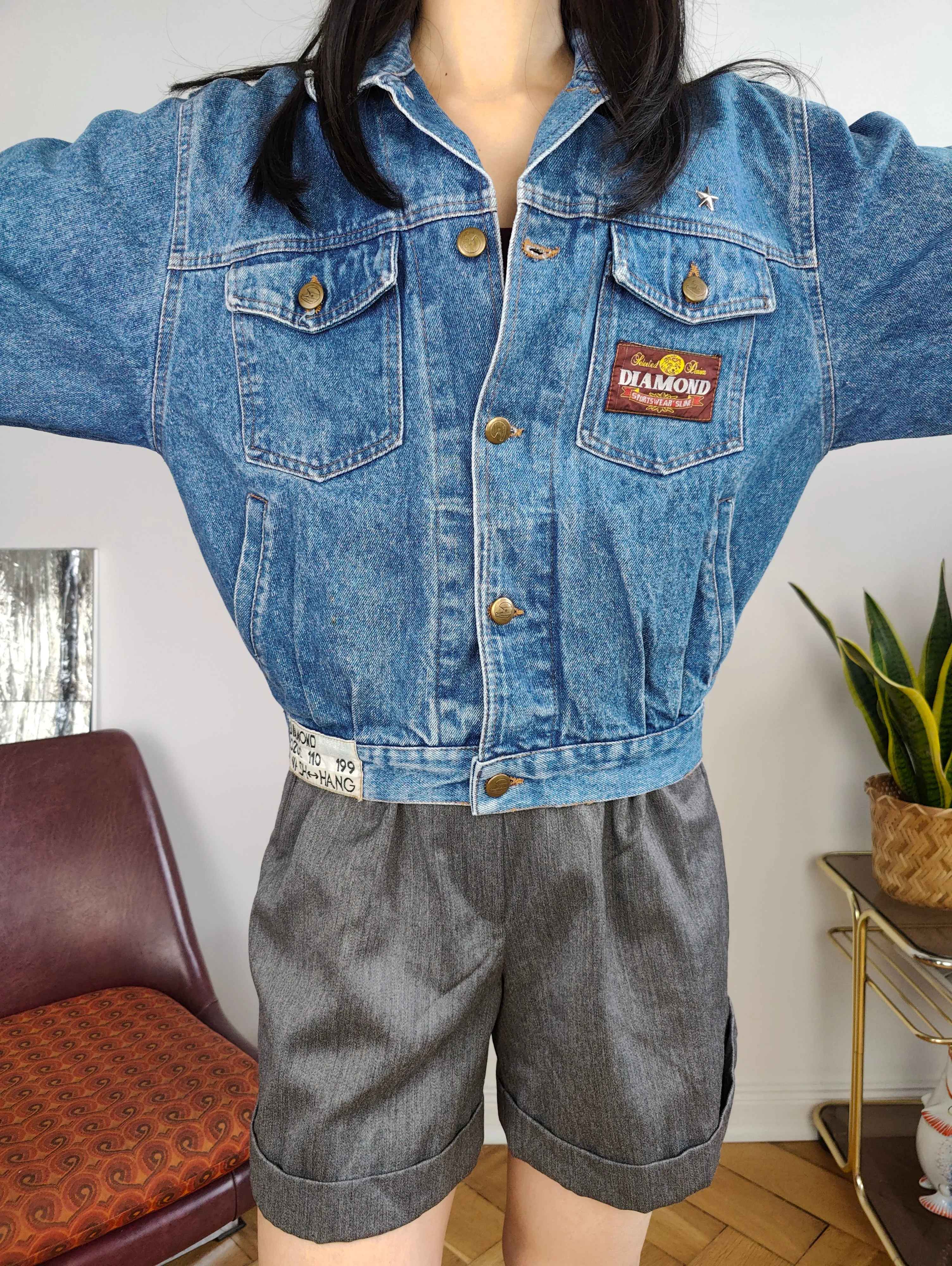 Vintage denim jacket jeans blue short crop Diamond women XS-S