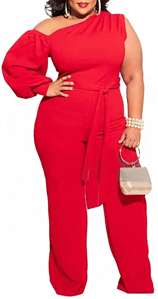 Vodacious White One Shoulder Zipper Belted Plus Size Jumpsuit