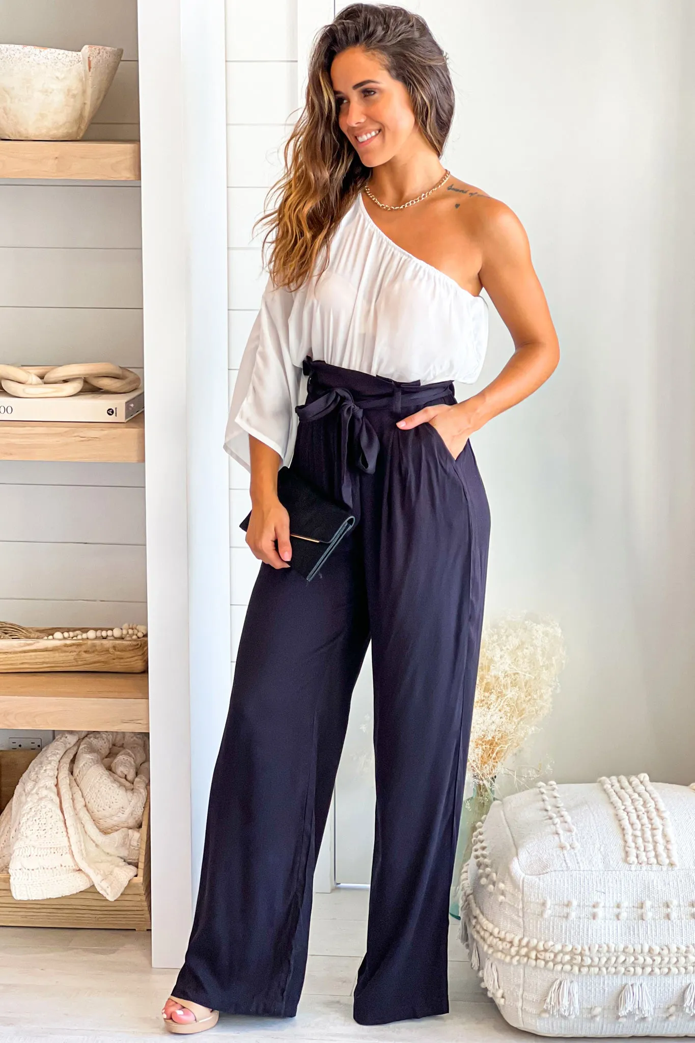 White And Black One Shoulder Jumpsuit