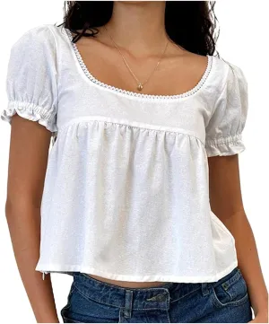 Women Y2k Puff Short Sleeve Top Backless Ruffle Hem Square Neck Fitted Crop Blouse Pleated Solid T Shirt