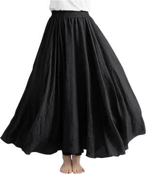 Women's Bohemian Style Elastic Waist Band Linen Long Maxi Skirt Dress Casual Summer Baggy A-Line Flowy Swing Skirts