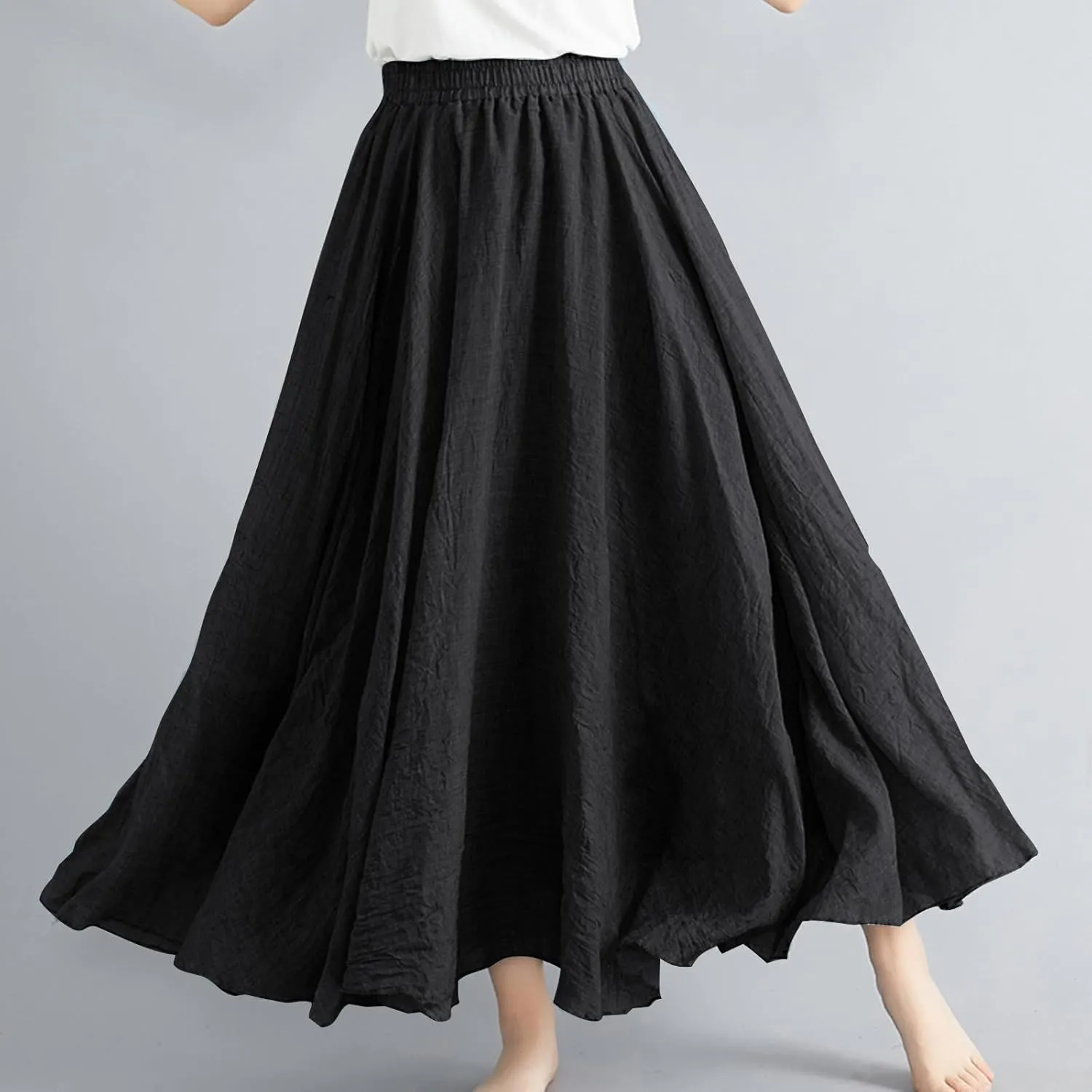 Women's Bohemian Style Elastic Waist Band Linen Long Maxi Skirt Dress Casual Summer Baggy A-Line Flowy Swing Skirts