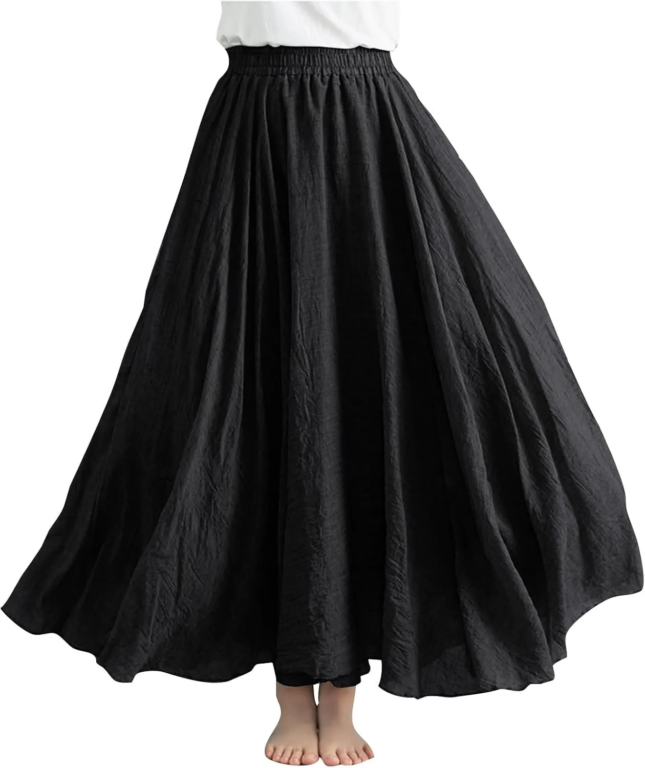 Women's Bohemian Style Elastic Waist Band Linen Long Maxi Skirt Dress Casual Summer Baggy A-Line Flowy Swing Skirts