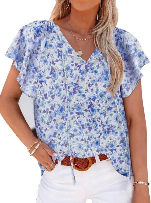 Women's Casual Floral Ruffle Short Sleeve Tops Cute Boho V Neck Loose Blouses Summer Fall Shirts