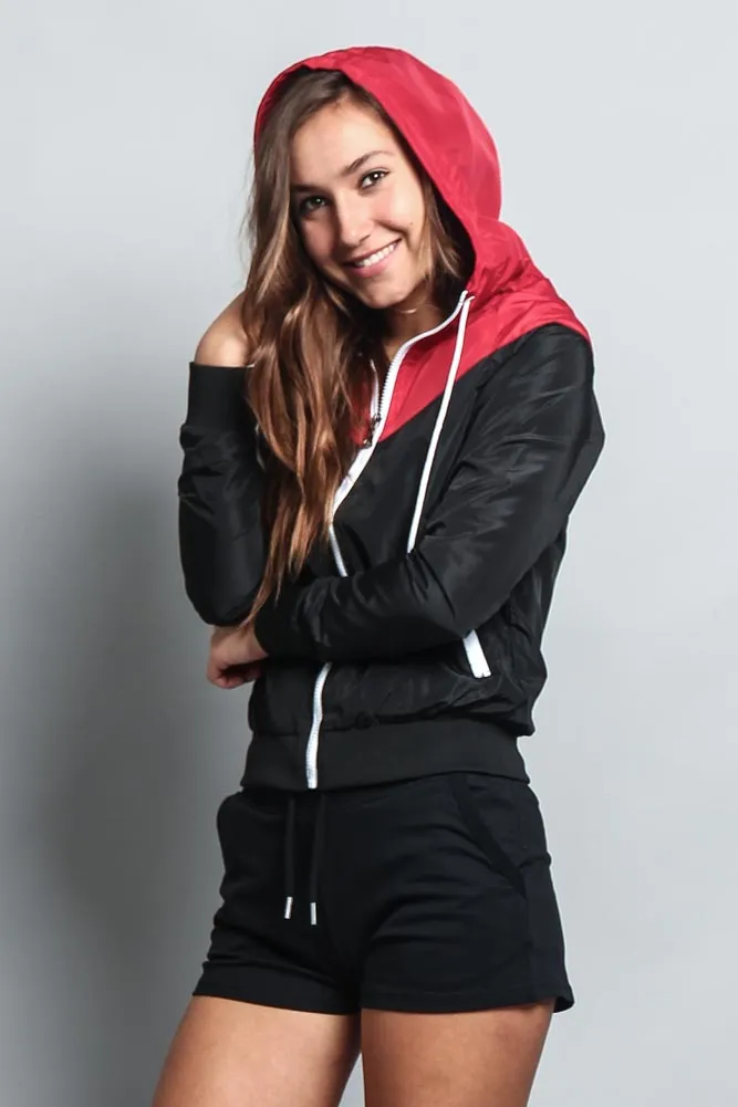 Women's Color Block Hooded Windbreaker Jacket