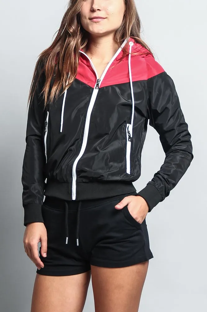 Women's Color Block Hooded Windbreaker Jacket
