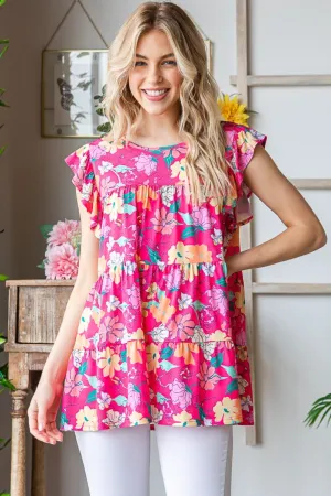 Women's Heimish Full Size Floral Ruffle Sleeve Tiered Blouse