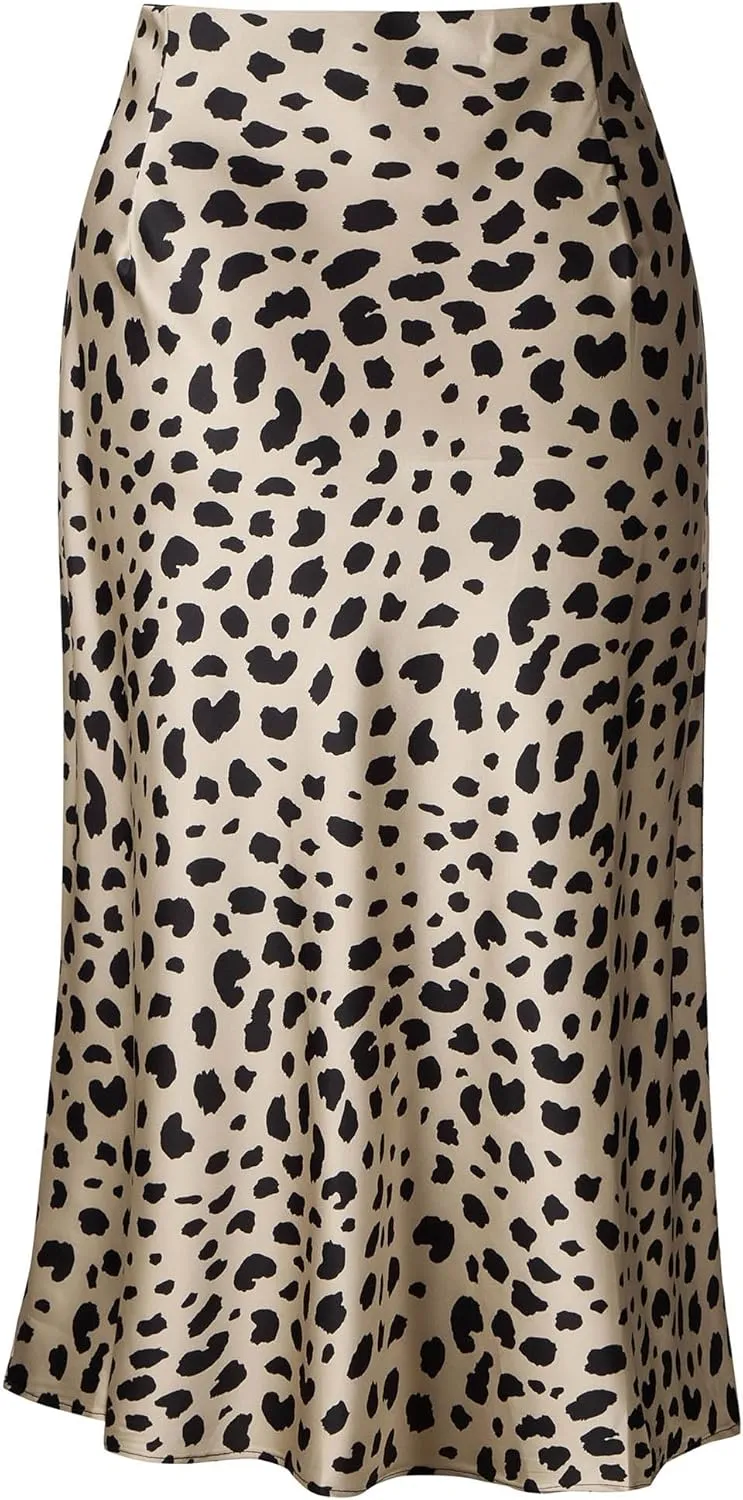 Womens Leopard Print Skirt Midi Long Length Silk Satin High Waist Elastic Skirts