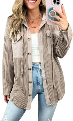 Womens Plaid Shacket Hooded Jackets Oversized Long Sleeve Button Down Coats Fleece Warm Coat with Pockets