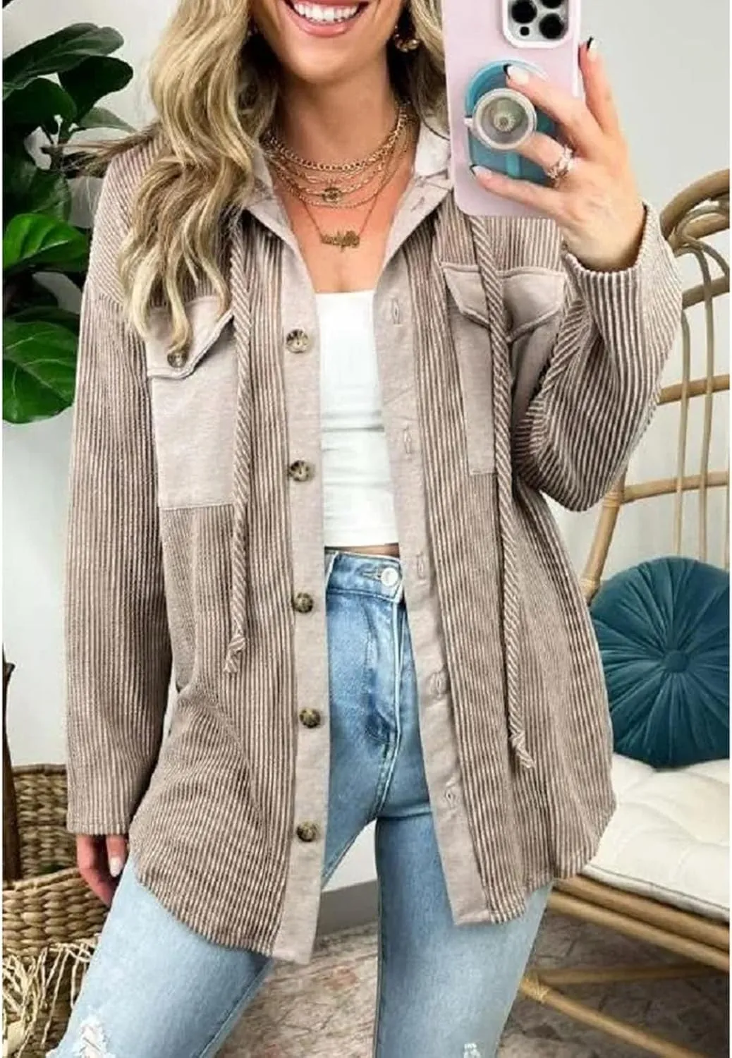 Womens Plaid Shacket Hooded Jackets Oversized Long Sleeve Button Down Coats Fleece Warm Coat with Pockets